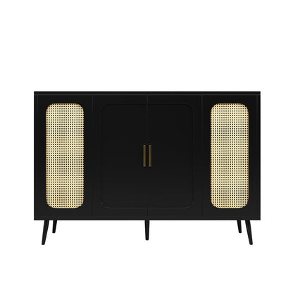 Buffet Cuisine, Meuble de Rangement, Commode 4 Portes, Armoire de Salon Porte D'armoire en Rotin, Bibliothèque Anti-Basculement, Étagères Réglables, Porte Blister, 120 x 89 x 35 cm (L/H/P), Noir