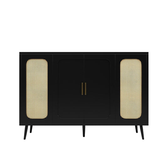 Buffet Cuisine, Meuble de Rangement, Commode 4 Portes, Armoire de Salon Porte D'armoire en Rotin, Bibliothèque Anti-Basculement, Étagères Réglables, Porte Blister, 120 x 89 x 35 cm (L/H/P), Noir