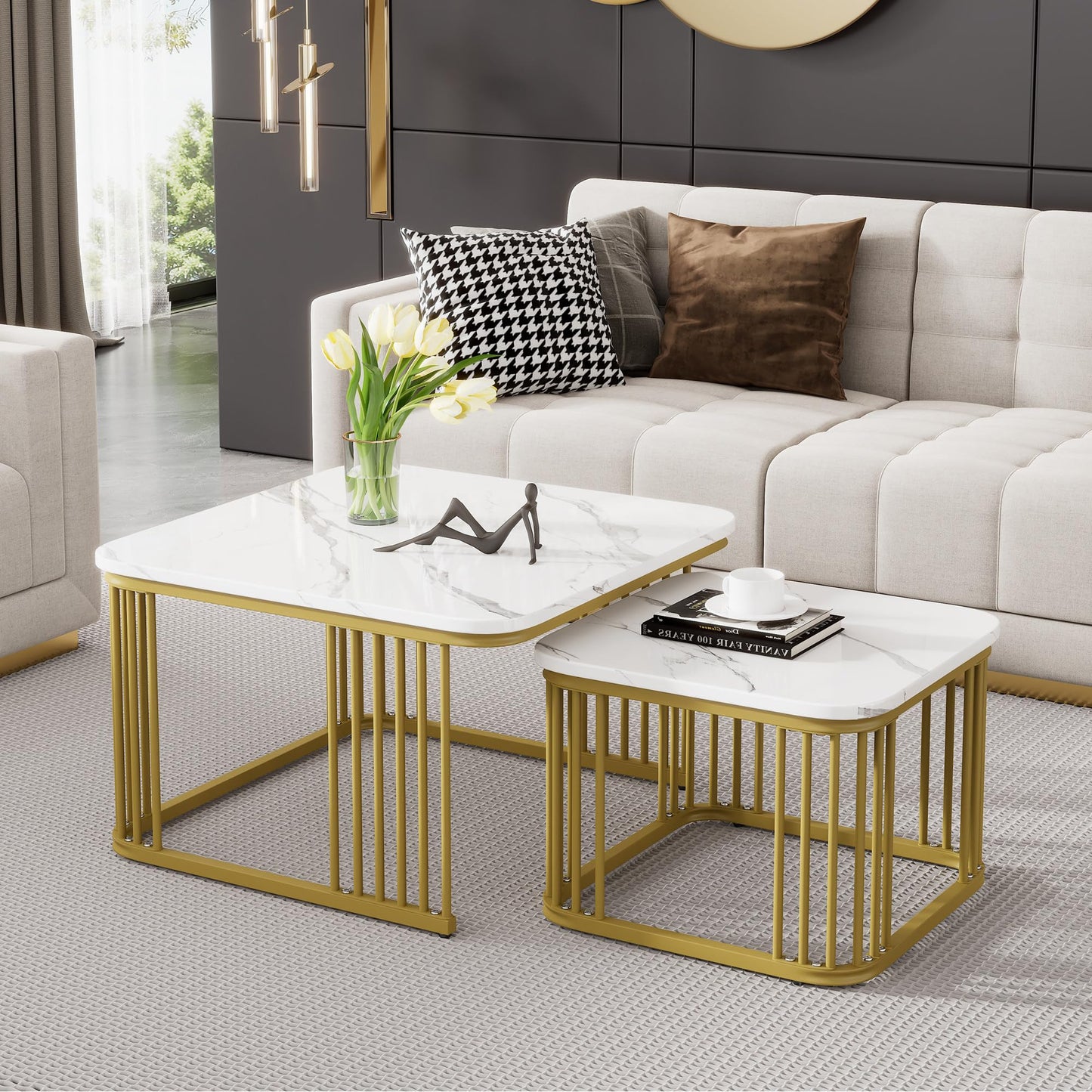 Lot de 2 Tables Basses Gigognes Carré, Tables Basse Empilable Aspect Marbre, Table Basse Salon Chambre avec Cadre en Métal, Polyvalent Tables Bassee pour Bureau, Appartement