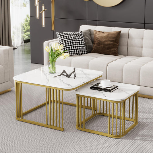 Lot de 2 Tables Basses Gigognes Carré, Tables Basse Empilable Aspect Marbre, Table Basse Salon Chambre avec Cadre en Métal, Polyvalent Tables Bassee pour Bureau, Appartement