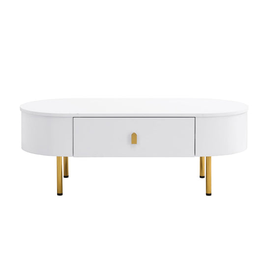 Peiaw Table Basse,Table de Salon,Table Basse Moderne,Table Basse avec tiroir,Table Basse de Salon Blanche,Poignées dorées et Coins incurvés,1 tiroir,Table Basse 108 x 50 x 40 cm