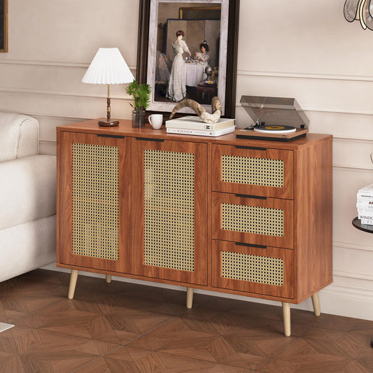 Buffet Vintage Rotin Style Bohème Bahut avec 2 Portes et 3 Tiroirs, Équipé de Poignées Noires, Armoire de Style Maison de Campagne pour Salle à Manger, Cuisine, Entrée, Salon (Bois Naturel/Noyer)
