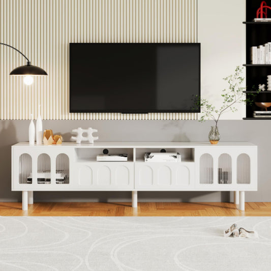 Meuble TV, Table TV à Porte vitrée cintrée, Meuble TV de Salon avec Porte Push-Open, Banc TV, Meuble TV à Structure symétrique, Meuble TV de Salon avec cloison Ouverte, Meuble TV 180cmx30cmx48cm