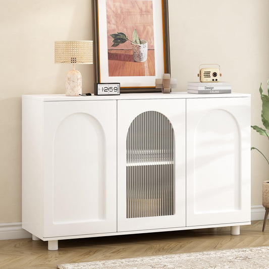 Buffet Simple et Élégant Buffet Blanc Pur, Portes Décoratives en Forme de U avec Porte en Verre et Design Rebondissant, pour Cuisine, Salon et Salle à Manger, Étagères Réglables, 120x40x78,5 cm