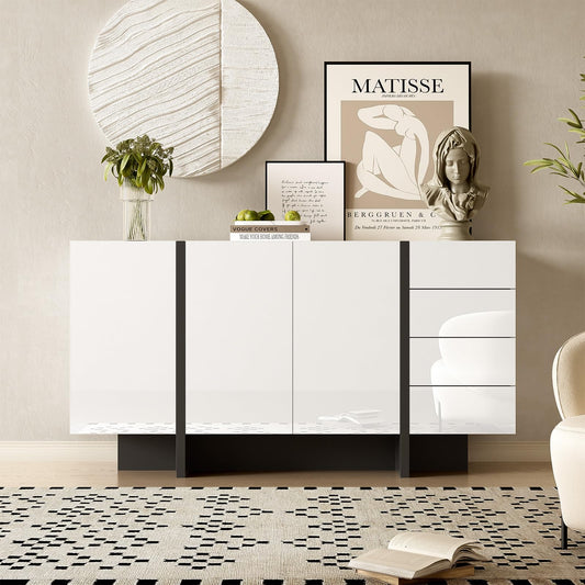 Peiaw Buffet,Armoire de Cuisine,Commode Blanc Brillant,Meuble de Rangement avec tiroirs,Buffet avec 3 Portes et 4 tiroirs,Convient pour la Salle à Manger, Le Couloir de la Cuisine 150 x 40 x 80.5 cm