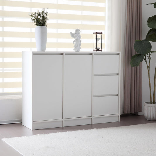 Buffet Moderne, Meuble à Chaussures, Grand Espace de Rangement, Deux Portes et Trois Tiroirs avec une Étagère Réglable pour Salle à Manger, Salon ou Cuisine, Style Minimaliste, Blanc, 120*90*35 cm