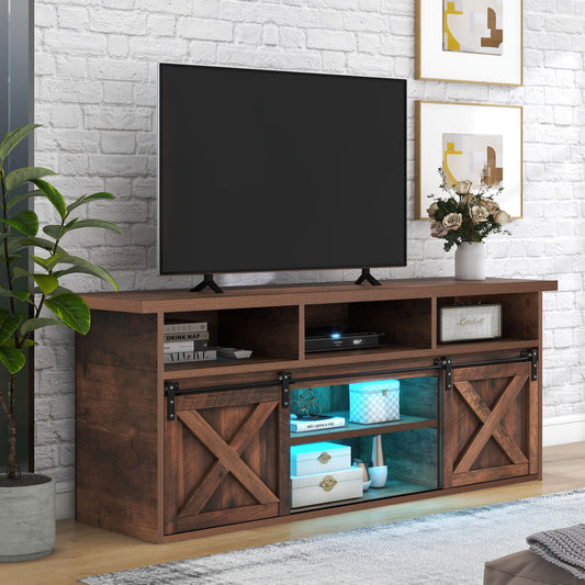 SHUGUANG Meuble TV 150 cm Longueur Meuble Télé Marron avec 2 Portes Coulissantes, 9 Compartiments de Rangement, Étagères Réglables et éclairage LED Coloré, Banc TV pour Téléviseurs Jusqu'à 60 Pouces