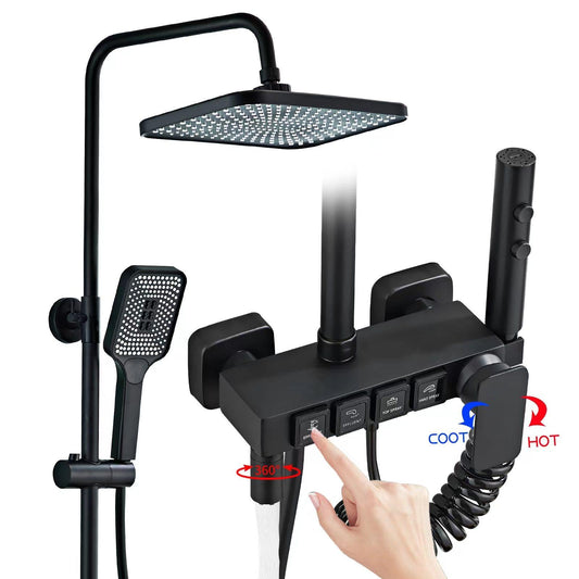 Colonne de Douche Noir, Ensemble de Douche Mural à Boutons 4 Fonctions avec 31.5cm * 21cm Tête de Douche, Douchette à Mains, Robinet de Baignoire, Bidet Pulvérisateur, réglable en Hauteur