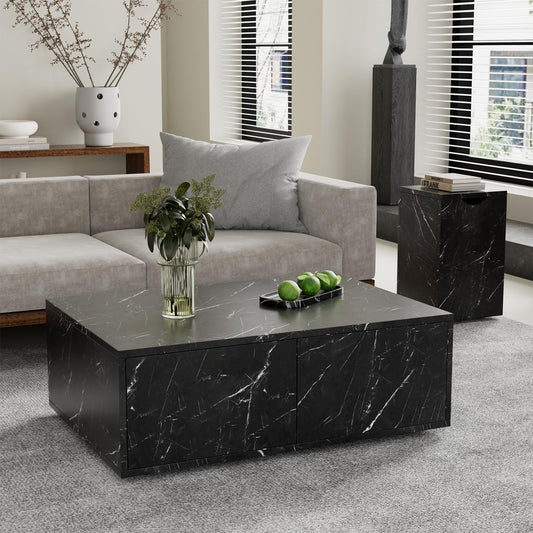 Table basse,Table d'appoint de canapé,Lot de 2 tables basses modernes noires,Table basse carrée avec tiroirs,Table basse motif marbre,Table basse modulable,Table basse 100x33,5x70cm et 32x32x50cm