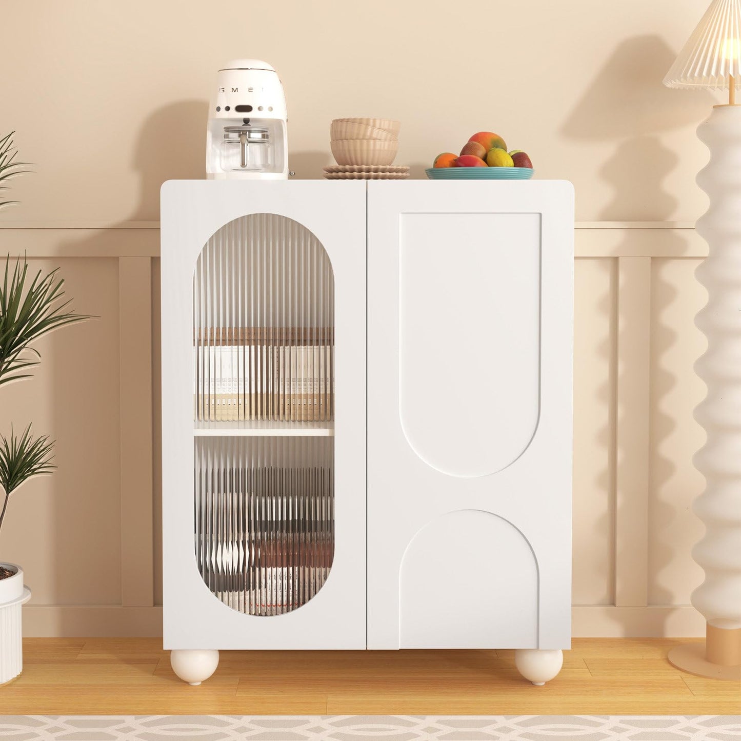 Meuble de Rangement, Buffet de Cuisine Porte en Verre Trempé, Armoire de Cuisine Étagères Réglables, Bibliothèque Résistant à l'usure et Respectueux de la Peau, Conception Sans Poignée, 80 × 34 × 95cm