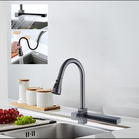 Robinet De Cuisine Cascade, avec Robinet Extractible, 3 Modes De Sortie d'eau, Robinet De Cuisine en Rotatif à 360°, Robinet MéLangeur De Nettoyage De Cascade