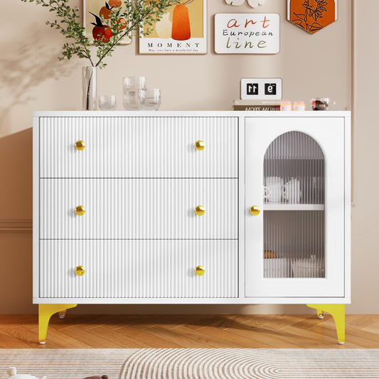 Buffet,Meuble de Cuisine Rangement, Blanc Commode, 105.5 x 40 x 78 cm,Buffet Salon avec 1 Portes Vitrées 3 Tiroirs,Convient aux Chambres, Bureaux, salles de Classe et balcons