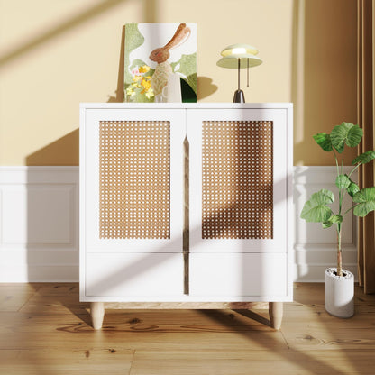 Buffet,meuble de cuisine rangement,Buffet en bois blanc，Buffet avec 2 portes et 2 tiroirs,Buffet avec pieds en bois massif et porte imitation rotin，Meuble de rangement entrée salle à manger 80 x 40 x