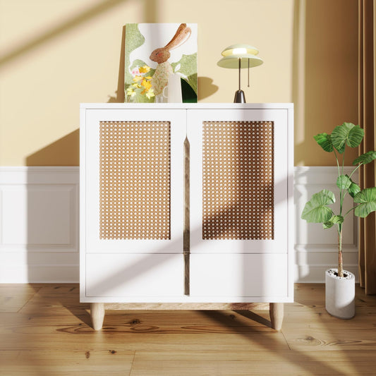 Buffet,meuble de cuisine rangement,Buffet en bois blanc，Buffet avec 2 portes et 2 tiroirs,Buffet avec pieds en bois massif et porte imitation rotin，Meuble de rangement entrée salle à manger 80 x 40 x
