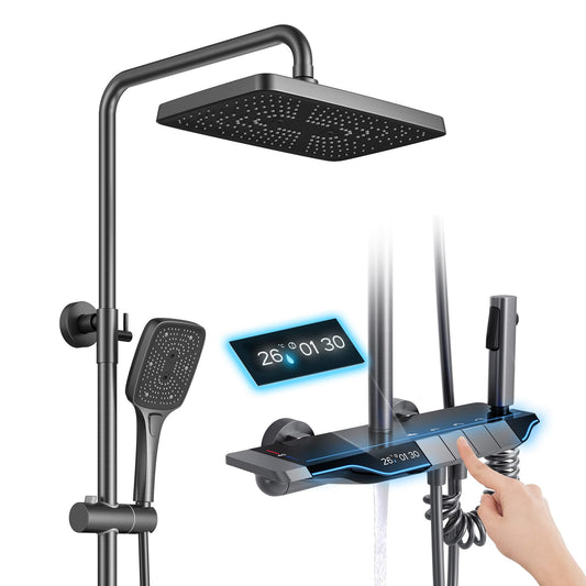 OihPaw Colonne de Douche Thermostatique Systeme de Douche Piano avec Affichage Numérique LED Ensemble de Douche Mitigeur Hauteur Réglable avec 30X21CM Douche de Tête et Douchette
