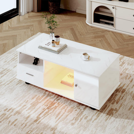 Peiaw Table Basse,Table Basse Salon,Table Basse Blanche,Table Basse LED Moderne,Table Basse avec Plateau en marbre,Table Basse avec Deux tiroirs et Portes,Table Basse 110 x 38,8 x 55 cm