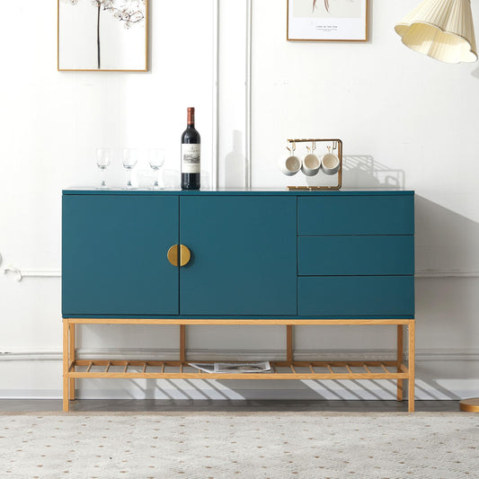 Buffet Salon Élégant, Bahut Bleu 1,3 m Long, Décorations Dorées Luxueuses, avec 3 Tiroirs et 2 Portes, Étagères Réglables, MDF Robuste + Base en Métal, Idéal pour L'entrée, Cuisine, Salle à Manger