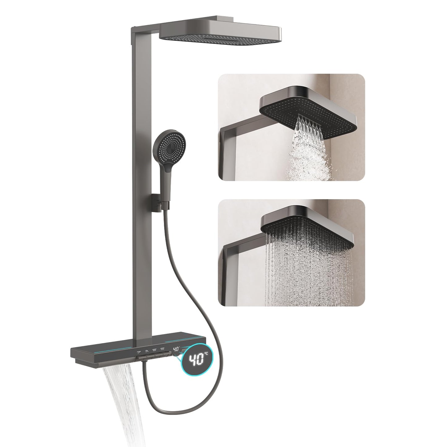 OihPaw Colonne de Douche Thermostatique,Systeme de Douche Gris Mural Hauteur Réglable Ensemble de Douche avec Affichage Numérique LED,Mitigeur Douche avec 2 Fonctions Tête de Douche,Douchette 4 Jets