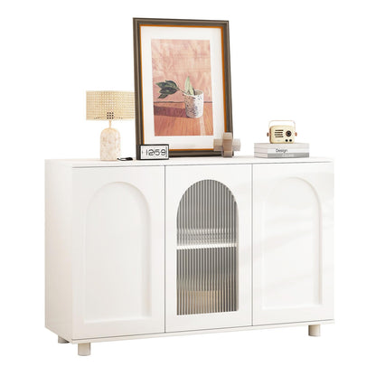 Sideboard mit 3 Türen, Küchenschrank Glastür, Kommode U-förmig Einfaches Design, Mehrzweckschrank Hohe Belastung, Verstellbare Regalhöhe, Sprungbrett-Design, 120 x 78.5 x 40 cm(B/H/T), Weiß