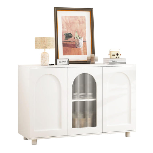 Sideboard mit 3 Türen, Küchenschrank Glastür, Kommode U-förmig Einfaches Design, Mehrzweckschrank Hohe Belastung, Verstellbare Regalhöhe, Sprungbrett-Design, 120 x 78.5 x 40 cm(B/H/T), Weiß