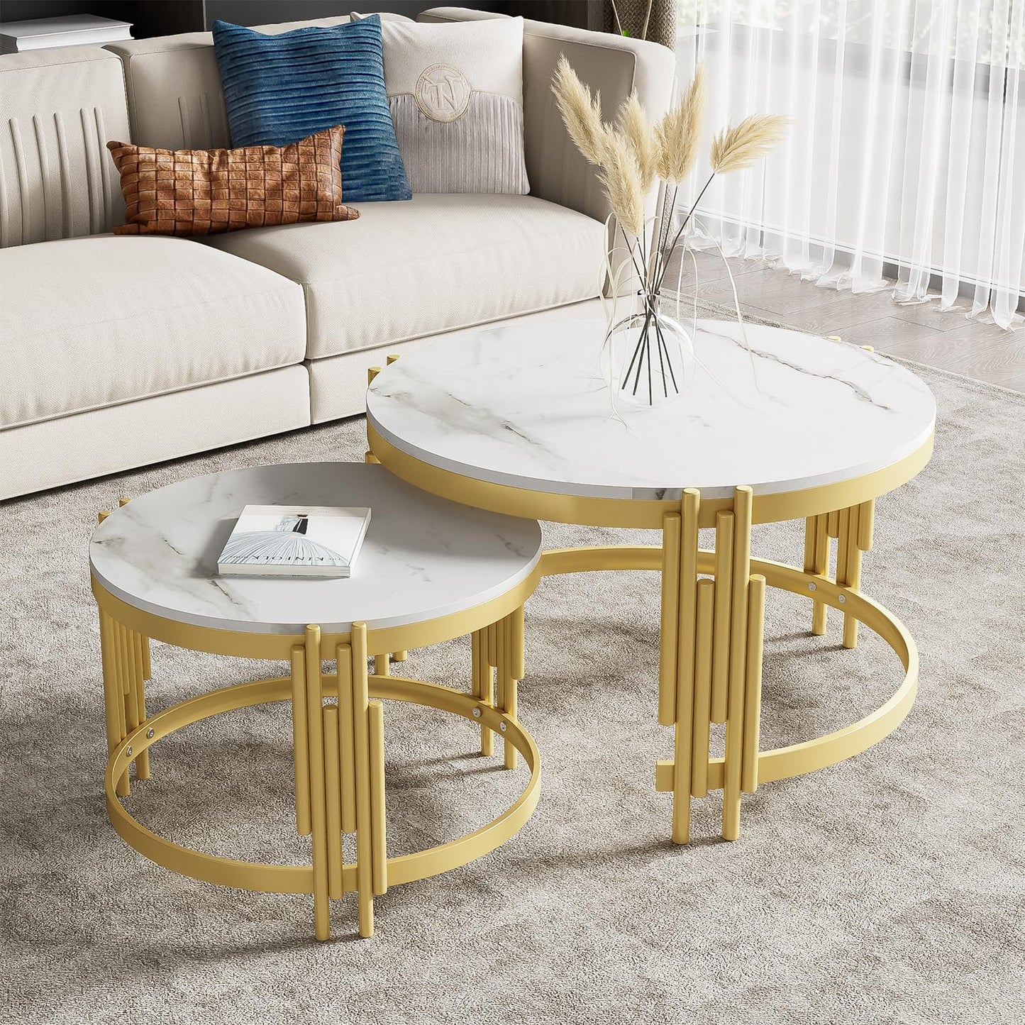 Peiaw Table Basse,Table de Salon,Table Basse Ronde,Lot de 2 Tables Basses de Salon Gigognes,Aspect marbre Blanc et Structure en Acier doré,Table de Salon 71,5 x 71,5 x 44 & 51,5 x 51,5 x 37 cm