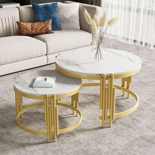 Peiaw Table Basse,Table de Salon,Table Basse Ronde,Lot de 2 Tables Basses de Salon Gigognes,Aspect marbre Blanc et Structure en Acier doré,Table de Salon 71,5 x 71,5 x 44 & 51,5 x 51,5 x 37 cm