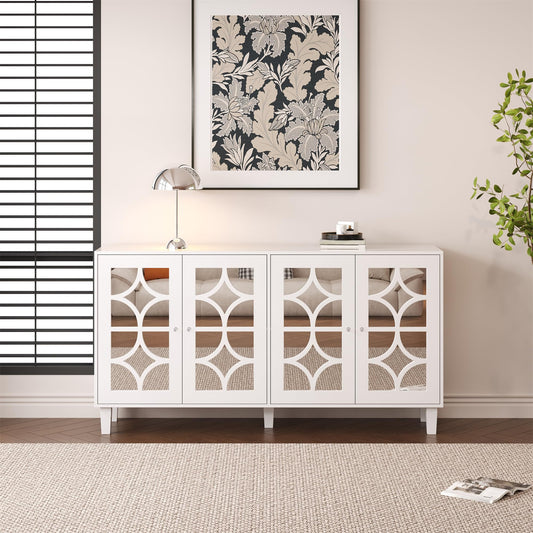 Buffet Moderne avec 4 Portes Miroir, Buffet Miroir avec Poignées en Cristal Froid, Stratifié Mobile, Armoire de Cuisine, Bahut pour Salon et Salle à manger, 160 x 40 x 85 cm, Blanc/Bois et Marron