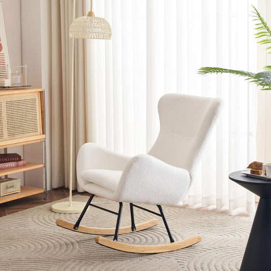 SHUGUANG Chaise a Bascule avec Cadre en Bois Massif, Fauteuil À Bascule Teddy-Fleece-Stoff, Conception Simple Chaise de Lecture Fauteuil Bascule en Vigueur Chambre à Coucher, Salon