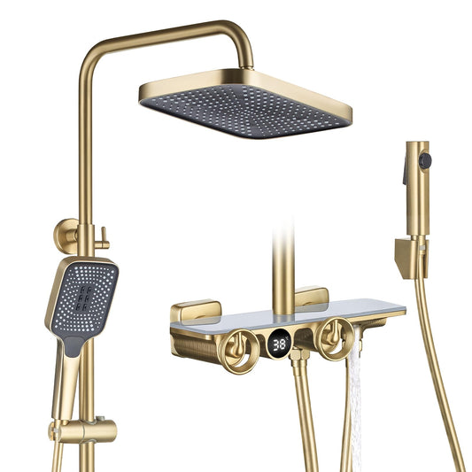 Colonne De Douche Thermostatique, Ensemble De Douche à Affichage NuméRique LED, Pomme De Douche 13 Pouces, Corps en Laiton, RéGlable en Hauteur, Pistolet Booster, avec Mitigeur Bain Encastré