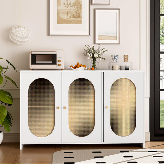 SHUGUANG 125 x 38 x 78 cm Buffet Moderne, Armoire Cuisine avec 3 Portes d'armoire Avoir Grand Espace de Rangement et Portes en Rotin Artificiel, Buffet de Salon Applicables à Salon, Salle à Manger