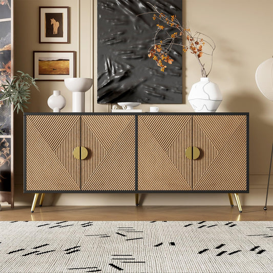 Peiaw Buffet,Cuisine Meuble, Support de Rangement Noir,Meuble de Rangement en Bois,Buffet à 4 Portes et cloisons réglables, poignées Semi-circulaires Or brossé,Garde-Manger 160 x 40 x 75 cm