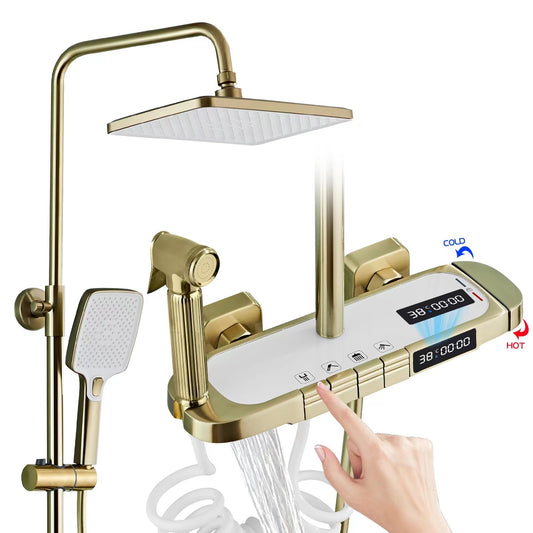OihPaw Colonne De Douche Thermostatique, SystèMe De Douche Mural à Clé De Piano à Affichage NuméRique LED à 4 Fonctions, Avec Pomme De Douche 30x20 Cm, Robinet De Baignoire Cascade-Or Brossé
