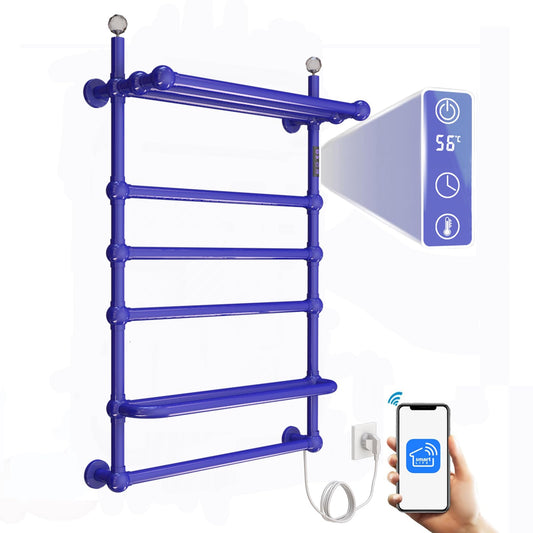 Sèche Serviettes Électrique Mural 80W, 850 * 600mm WiFi Chauffe-Serviettes Électrique, Intelligent Radiateur Porte-Serviettes Chauffant Électrique de Salle Bain avec Minuterie et Shelf, Blue