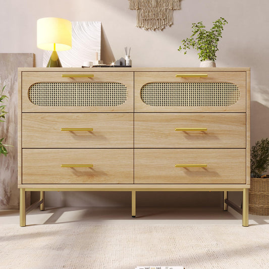 Peiaw Buffet,Meuble de Rangement en Bois,Commode en rotin,étagères réglables,Meuble de Rangement avec 6 tiroirs, Armoires de Cuisine avec poignées et Pieds en métal,120 x 40 x 74 cm