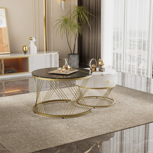Table Basse,table basse ronde noir,Lot de 2 Tables Basses de Salon Gigognes avec tiroirs, table de salon moderne aspect marbre et structure en acier doré, table de salon 70x70x45cm et 50x50x40 cm