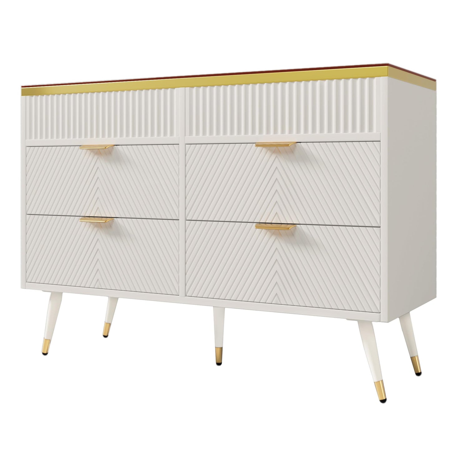120 x 40 x 76 cm Blanc Commode Rangement avec 6 Tiroirs, Commode Salon en Verre Ambré, Buffet Moderne avec Résistance à La Pointe, Armoire Rangement Applicables à Salon, Chambre ,Salle à Manger