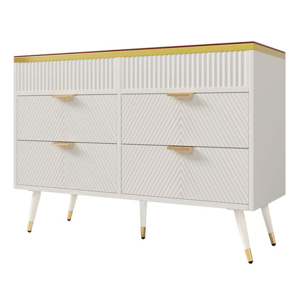 120 x 40 x 76 cm Blanc Commode Rangement avec 6 Tiroirs, Commode Salon en Verre Ambré, Buffet Moderne avec Résistance à La Pointe, Armoire Rangement Applicables à Salon, Chambre ,Salle à Manger
