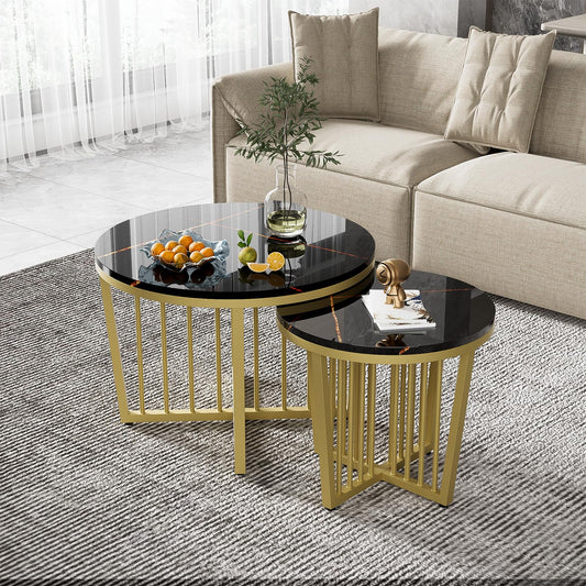 Peiaw Table Basse,Table de Salon,Table Basse Ronde,Lot de 2 Tables Basses,Table de Salon Moderne,Aspect marbre Noir Brillant et Cadre en Acier doré,Table de Salon 70x70x50cm et 50x50x45cm