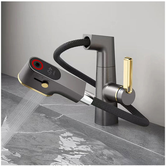 Robinet De Salle De Bain Avec PulvéRisateur Extractible, LED Affichage NuméRique De La TempéRature Rotation à 360 DegréS Robinet D'éVier De Salle De Bain Avec Trois Modes Gris