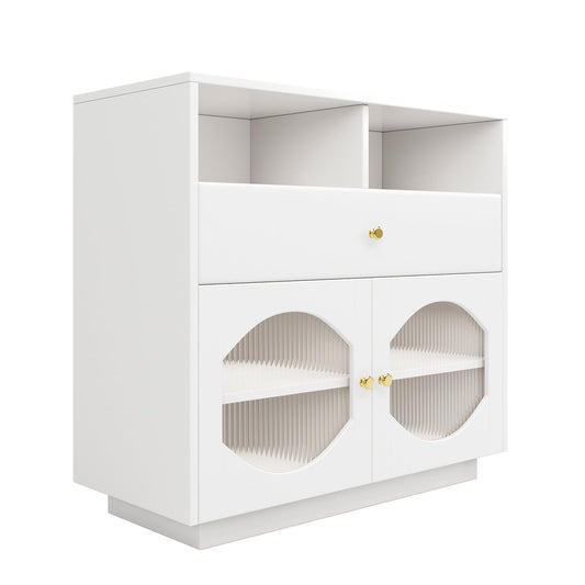 Sideboard Mit Glastür, Küchenschrank Mit Schublade aus PU-Leder, Kommode Modern, Mehrzweckschrank für Wohnzimmer, Esszimmer, Hohe Tragfähigkeit, 100 x 90.5 x 40 cm (B/H/T)