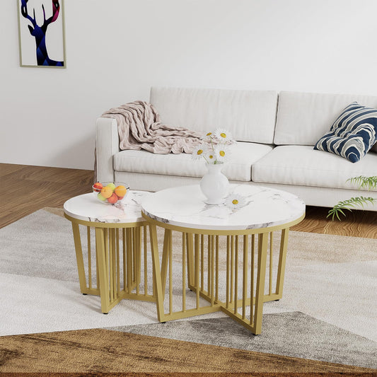 Peiaw Table Basse,Table de Salon,Table Basse Ronde,Lot de 2 Tables Basses,Table de Salon Moderne,Aspect marbre Blanc Brillant et Cadre en Acier doré,Table de Salon 70x70x50cm et 50x50x45cm
