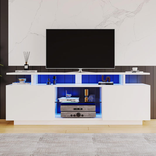 Meuble TV LED Moderne 140 cm Long pour TV de 60 Pouces, Bande Lumineuse 16 Couleurs, Panneau de Porte Brillant avec Compartiment en Verre, Meuble Salon de Minimaliste Élégant, Facile à Assembler
