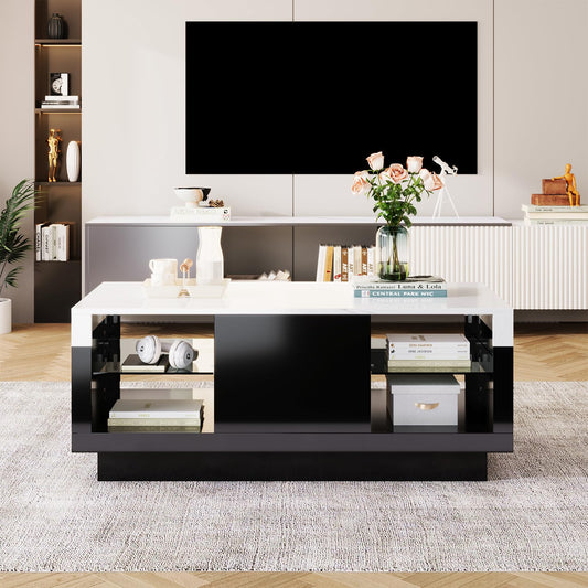 Table basse,Table basse salon,Table basse blanche et noire,Table basse aspect marbre brillant,Table basse avec un tiroir,Cloisons en verre des deux côtés avec éclairage LED,Table basse 100x42x50cm