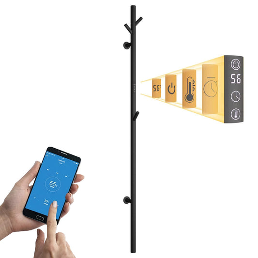 Sèche-Serviette Électrique Noir, 30 W Chauffe-Serviettes 1525×65mm WiFi Intelligent Porte-Serviettes Chauffant Électrique Mural Commande Tactile à LED Radiateur de Salle de Bain avec 3 Patère