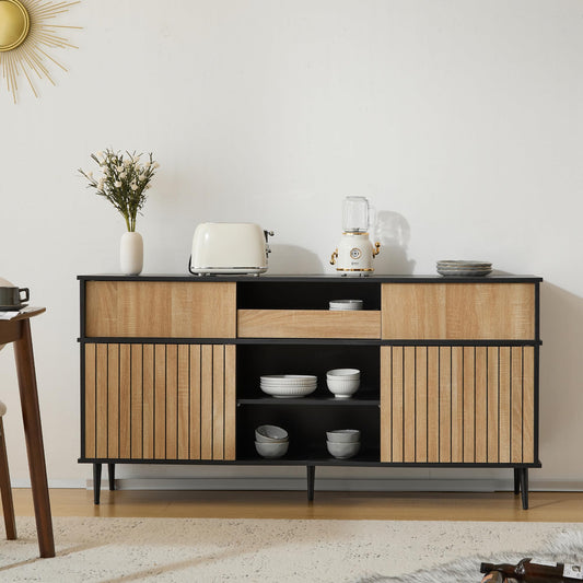 SHUGUANG Buffet élégant moderne avec 4 portes coulissantes et 1 tiroir, chêne combiné avec noir, armoire de buffet pour salon, cuisine, chambre à coucher, entrée, 160 x 40 x 80 cm