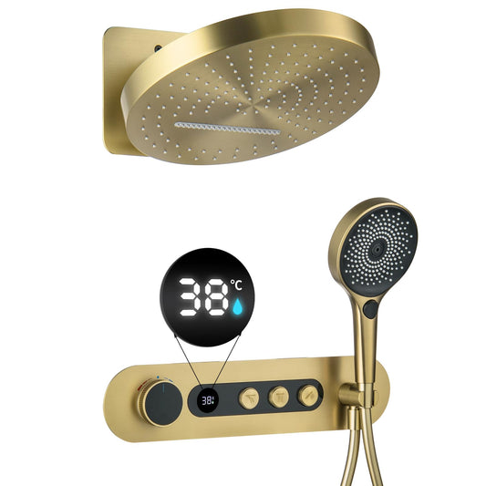 Colonne de Douche Thermostatique, Or Brossé Colonne Douche Encastrable Affichage Numérique Ensemble de Douche Mural Kit de Douche avec Pommeau de Douche et Douchette