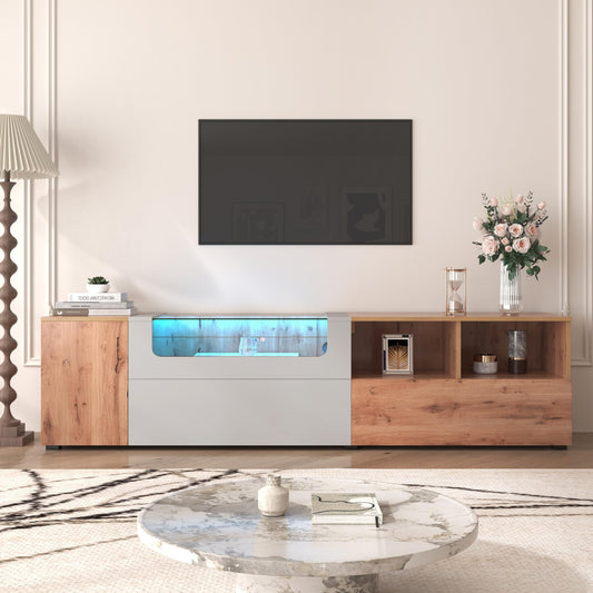 SHUGUANG Meubles TV 190 cm Longueur, Meubles Bas TV, Meubles de Salon Simples dans Les Couleurs Gris et Bois, Banc TV Style Maison de Campagne Naturelle avec Lumières LED à Couleurs Changeantes