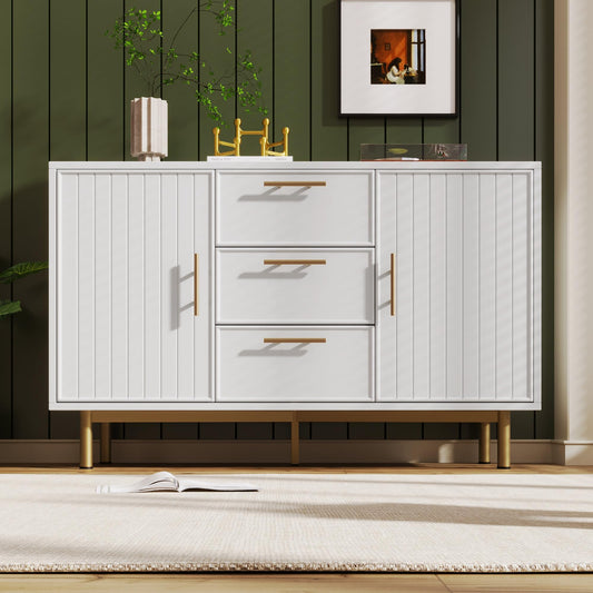 Buffet Salon Blanc Moderne, Commode Minimaliste avec 2 Portes et 3 Tiroirs, Étagère Réglable, Grand Espace de Rangement, Poignée en or, Meuble de Rangement pour Chambre Cuisine, Bahut, 120x40x75 cm