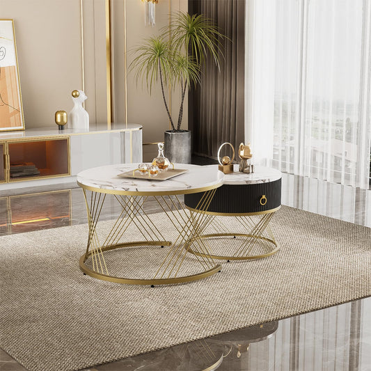 Table Basse,table basse ronde blanc,Lot de 2 Tables Basses de Salon Gigognes avec tiroirs, table de salon moderne aspect marbre et structure en acier doré, table de salon 70x70x45cm et 50x50x40cm
