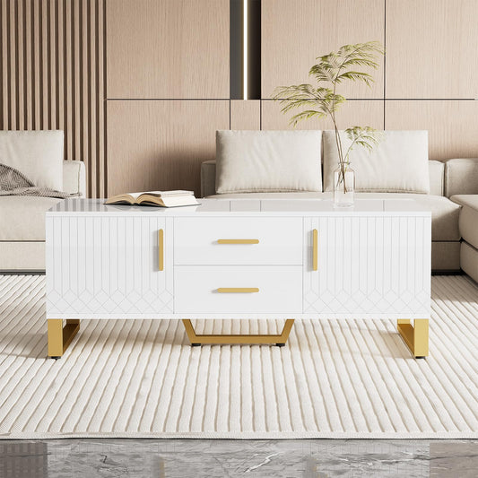 Table basse,Table basse salon,Table basse brillante,Table basse carrée avec tiroirs,équipée de deux portes,Poignées et pieds dorés,avec compartiment de rangement ouvert,Table basse 107x40,5x55 cm